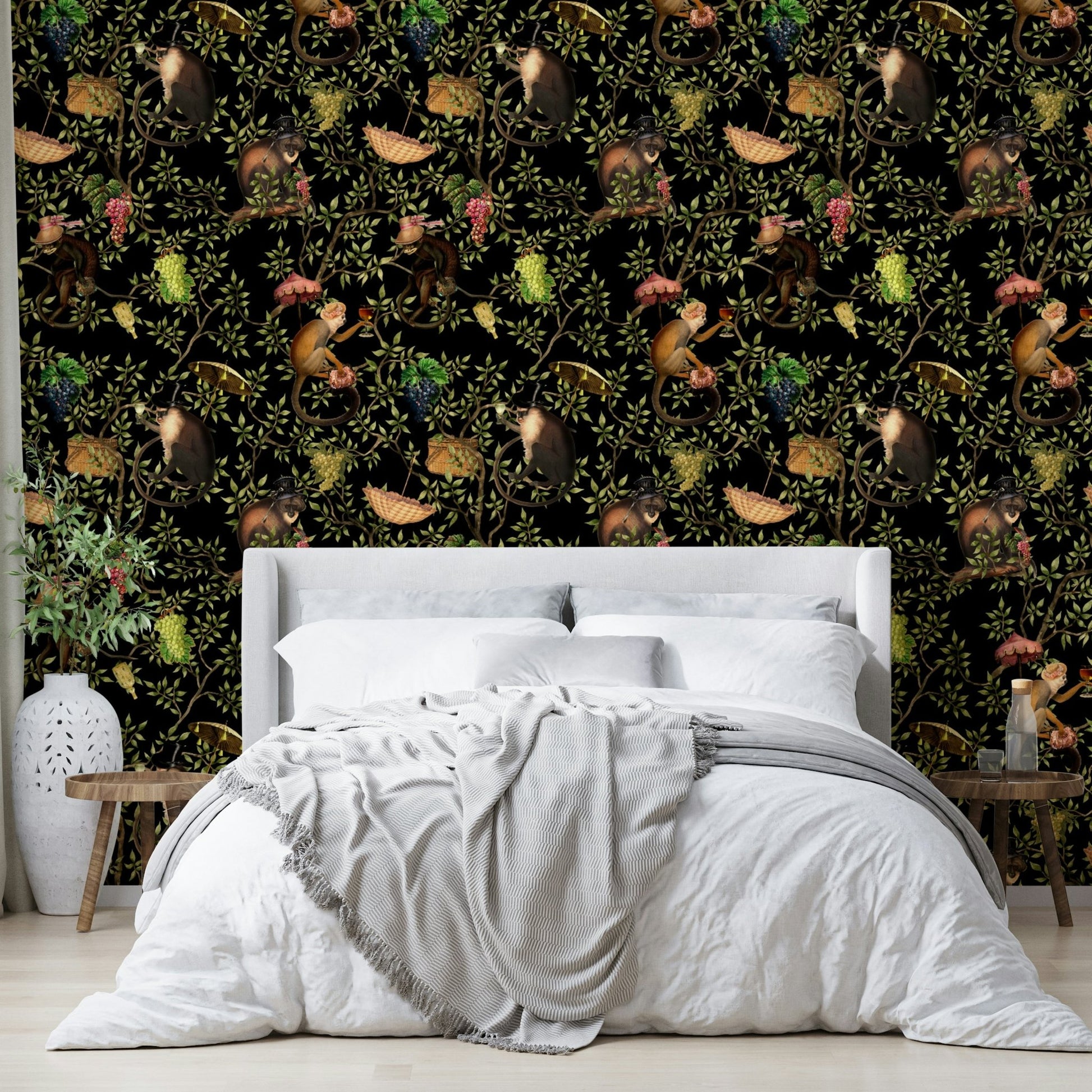 Whimsical escape wallpaper featuring monkeys on vines.

