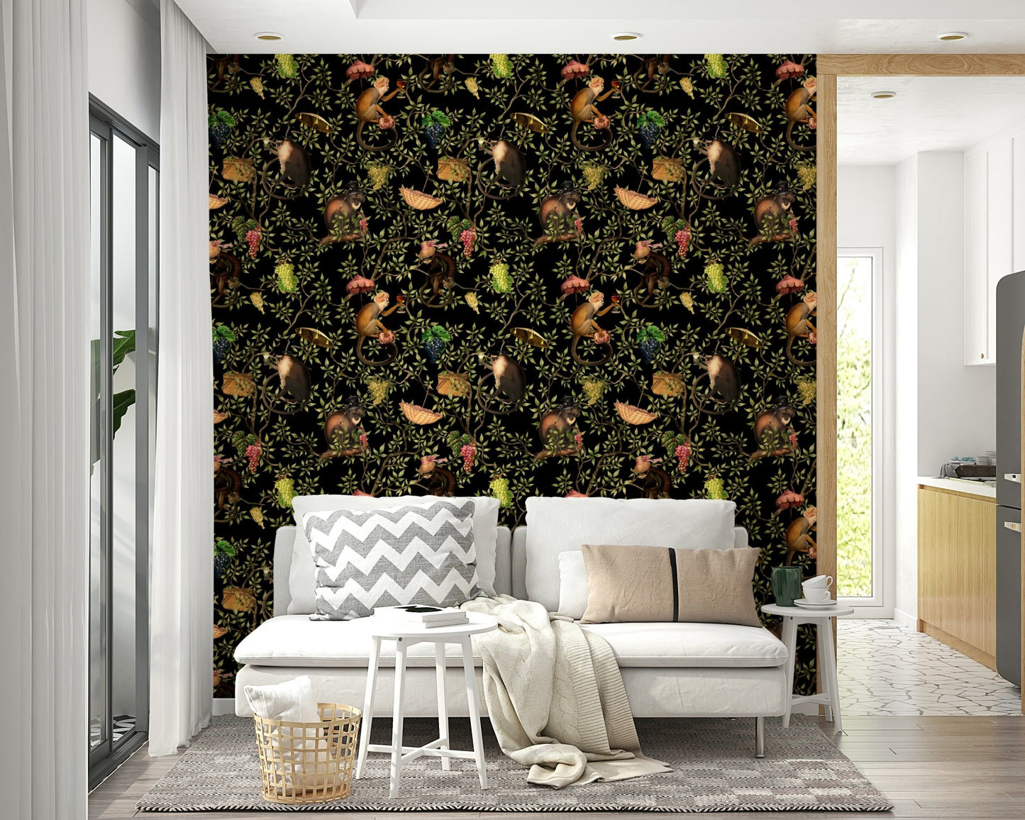 Monkeys swinging on vines wallpaper for playful decor.

