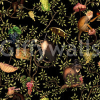 Vibrant wallpaper design with monkeys and jungle vines.

