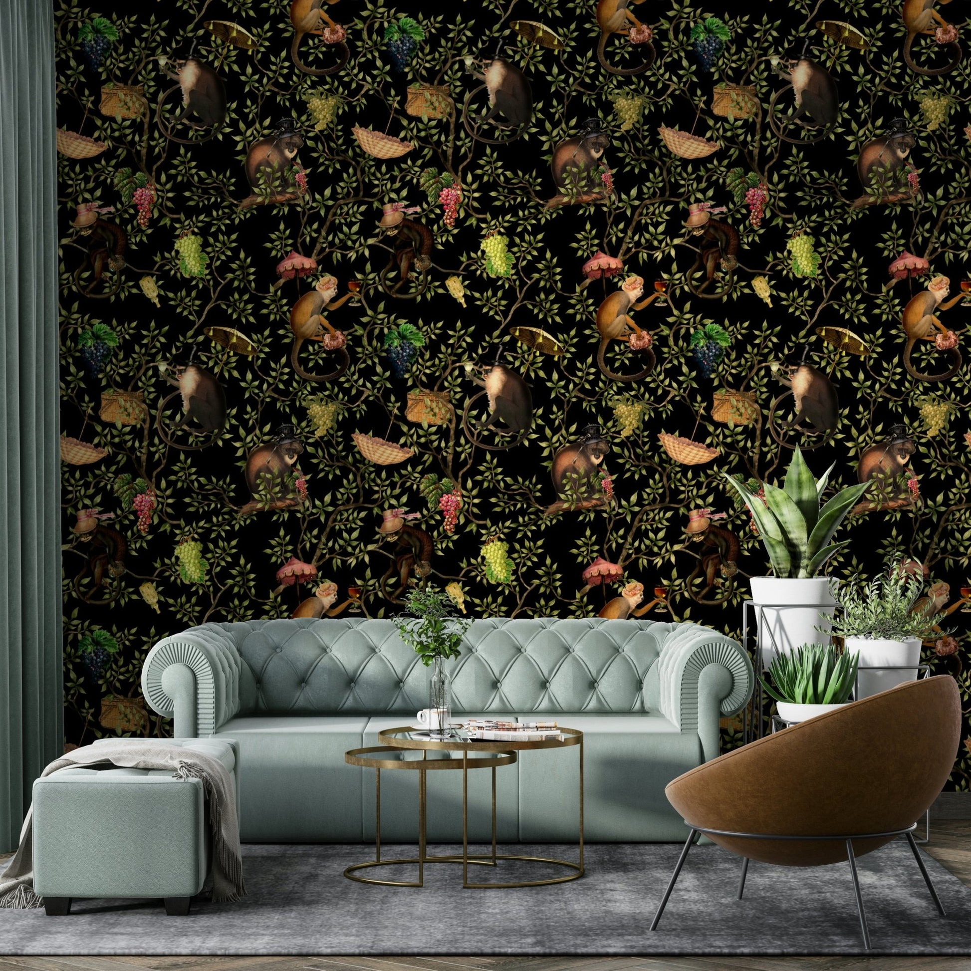 Jungle-themed wallpaper with monkeys swinging from vines.

