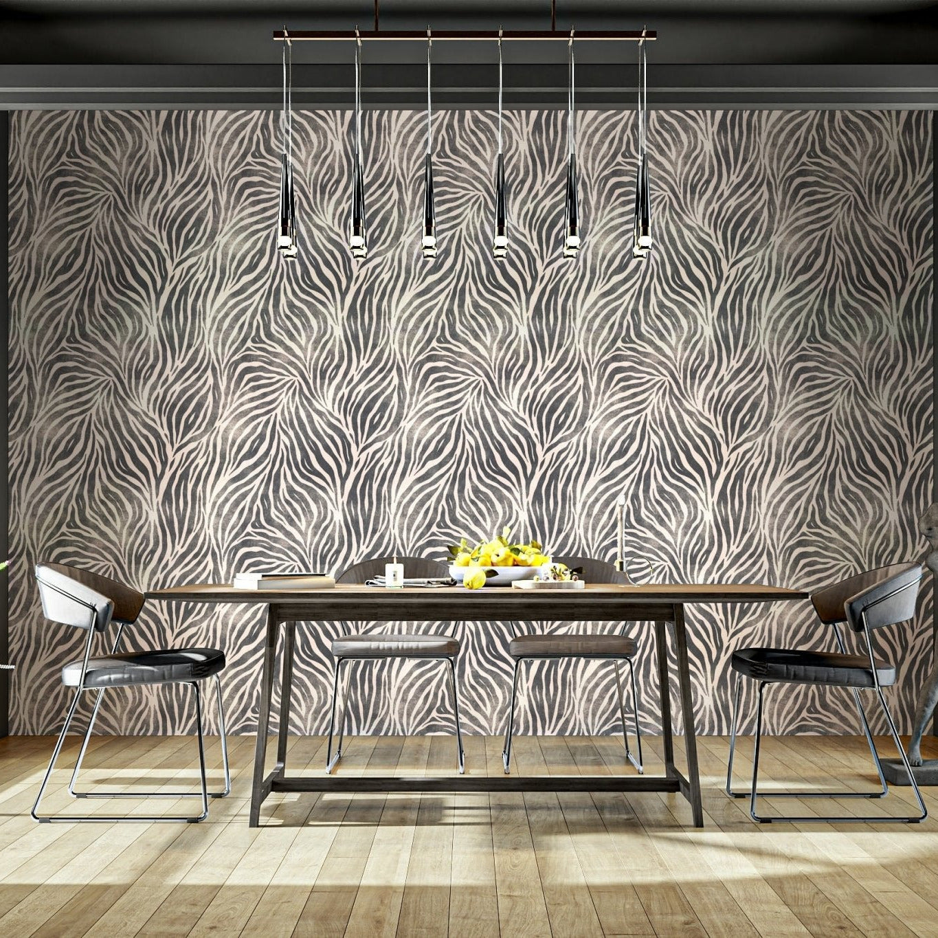 Bedroom with mono textured zebra print wall mural GD511

