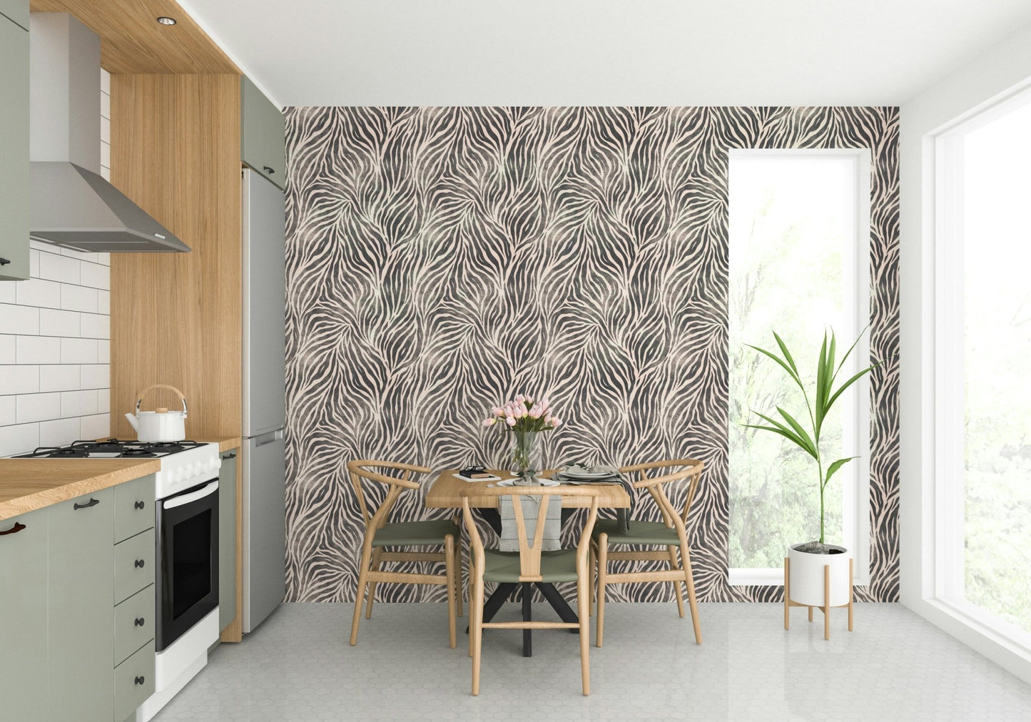 Living room accent wall with boho zebra wallpaper GD511

