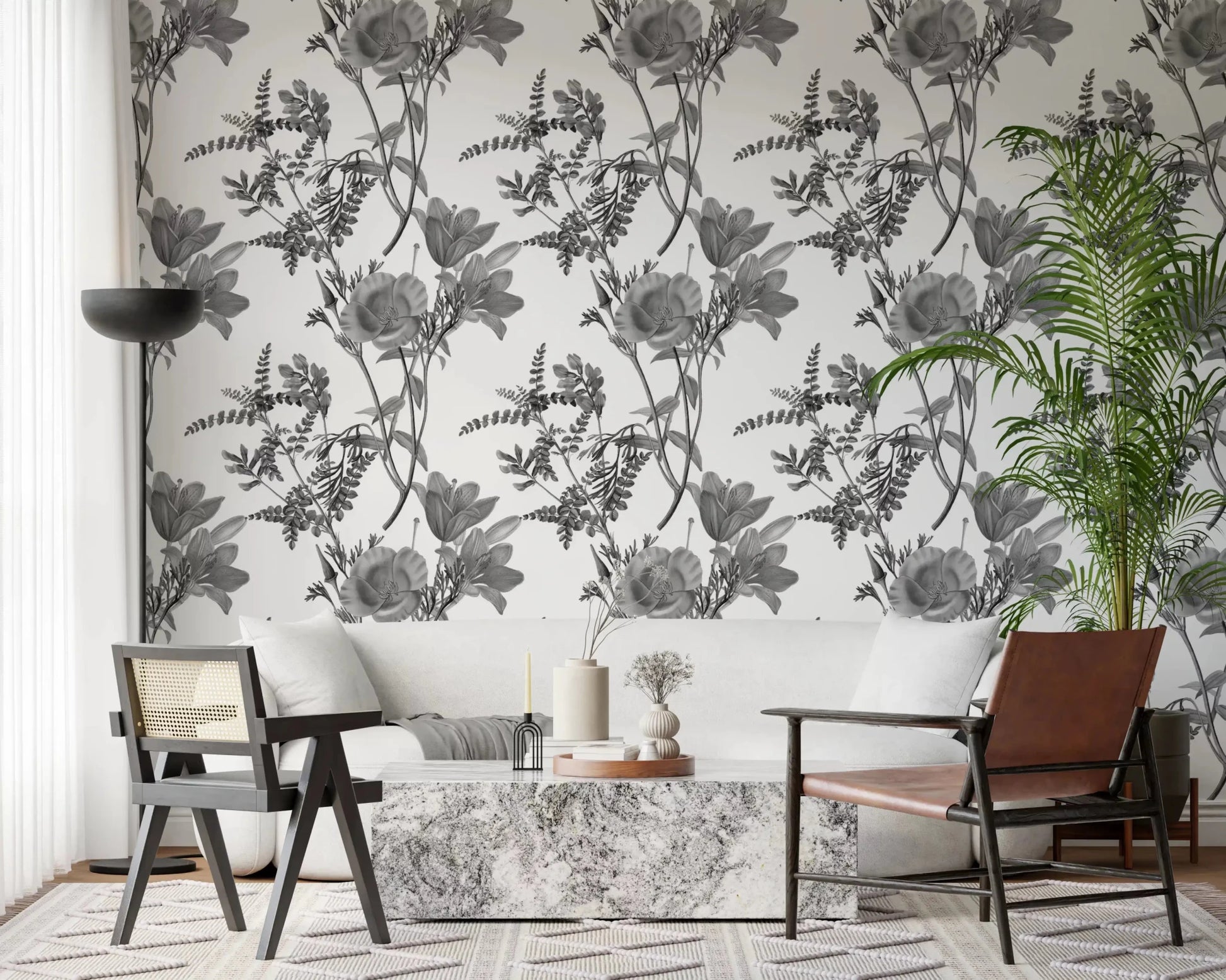 Hallway featuring Monochromatic Botanical Print Wallpaper