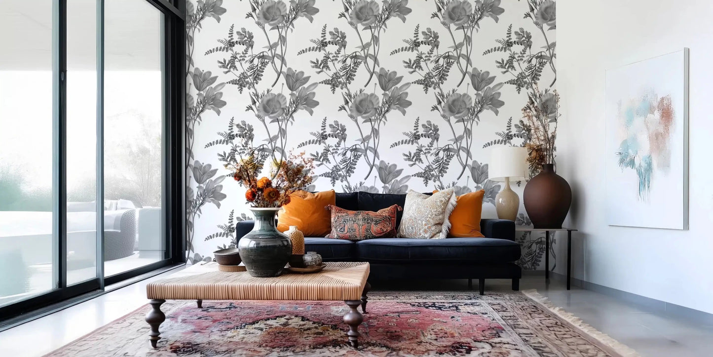 Pale floral layout with Botanical Print grey Wallpaper look