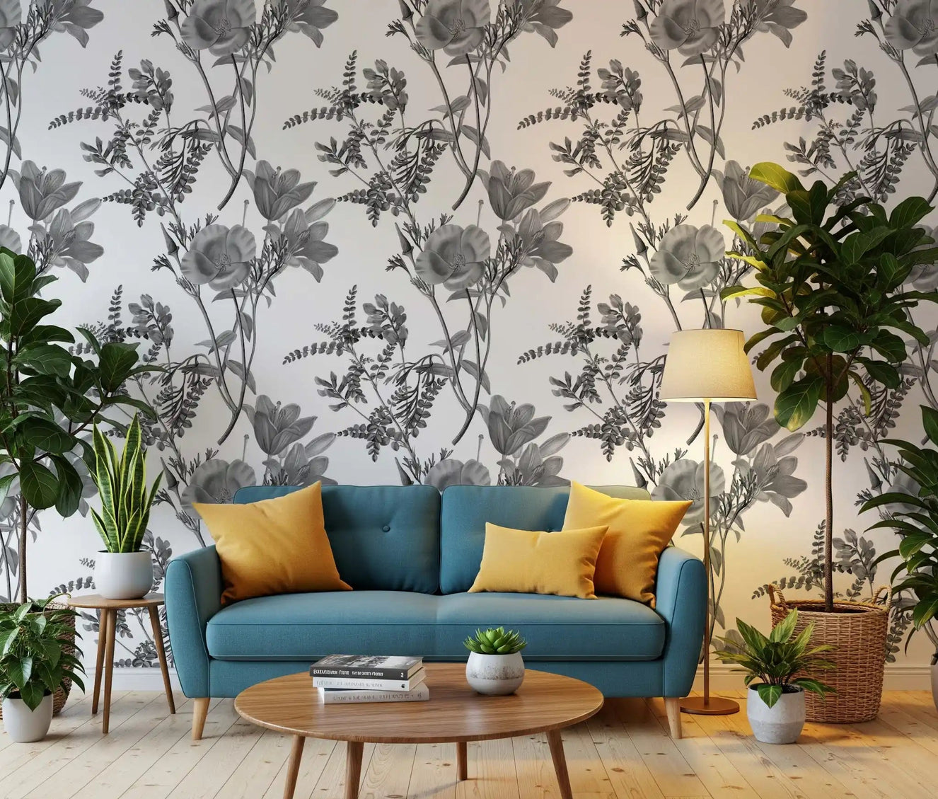Classic monochrome blooms on Botanical Print Wallpaper base