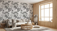 Grey botanical wallpaper with monochrome flowers and detailed leaf sketching