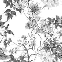 Neutral botanical wallpaper with fine floral outlines and balanced surface