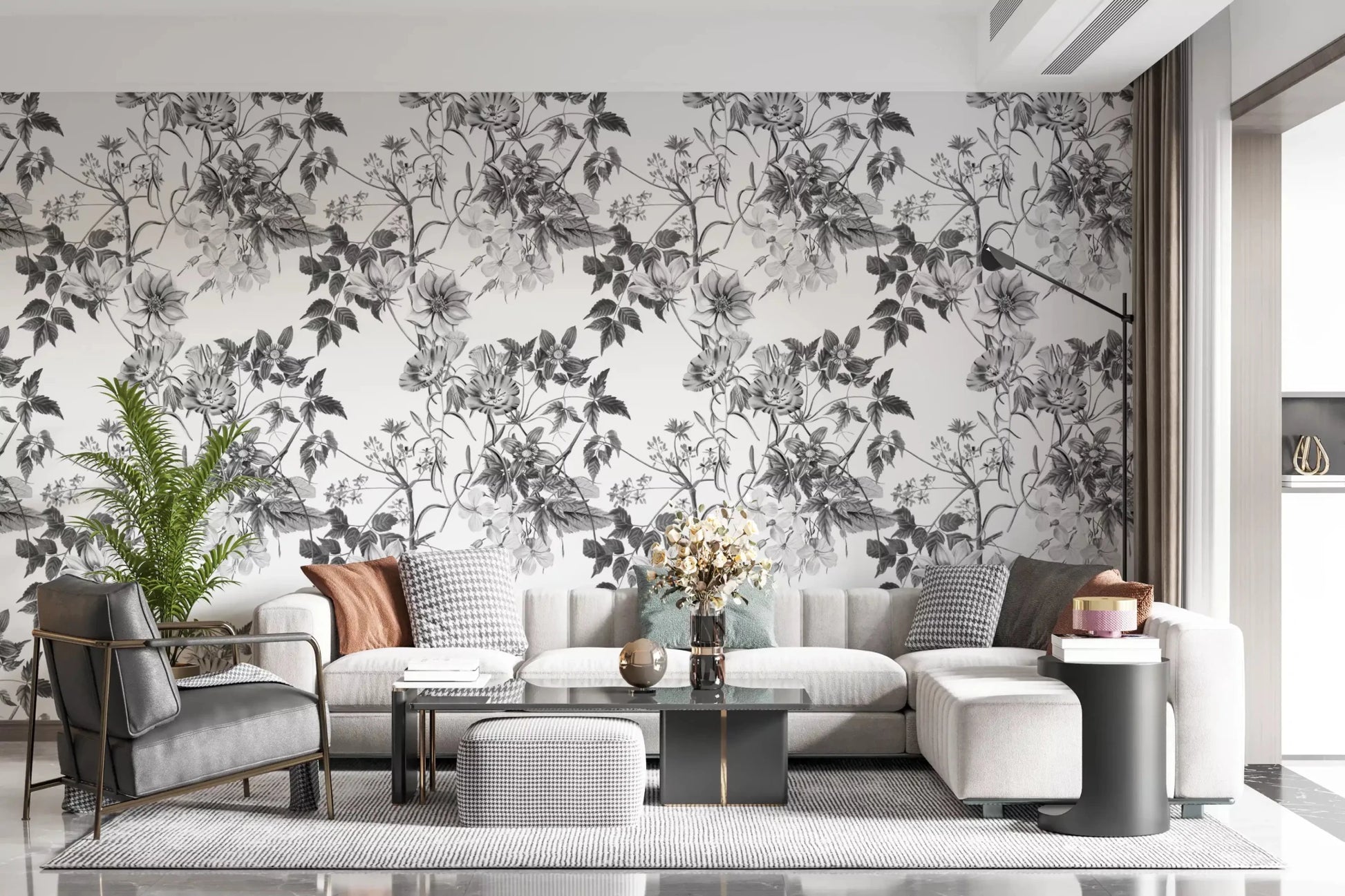 Black and white wallpaper with engraved flowers and layered stem pattern