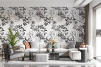 Black and white wallpaper with engraved flowers and layered stem pattern