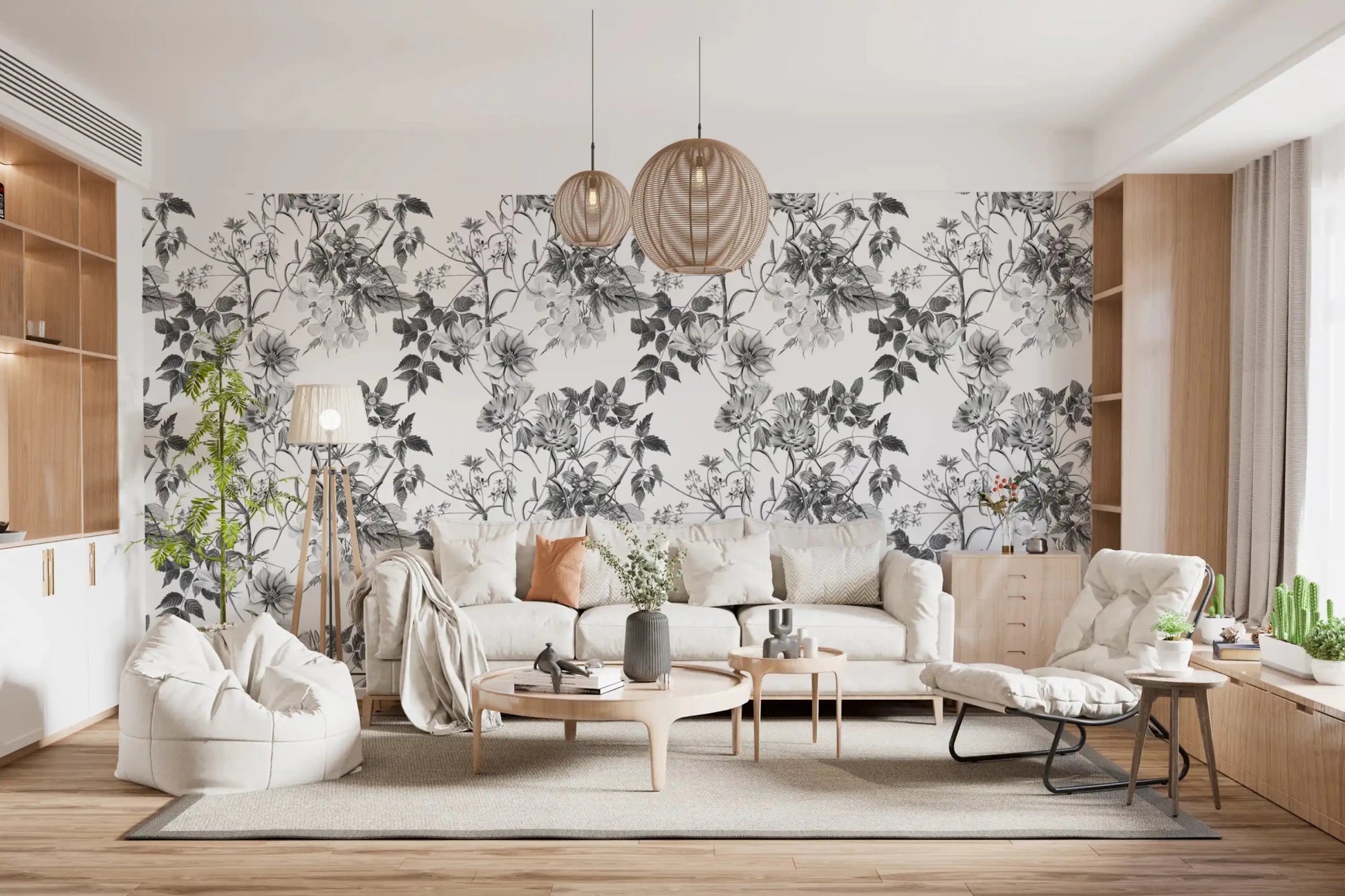 Living room wall with Monochromatic Botanical Prints wallpaper and floral linework