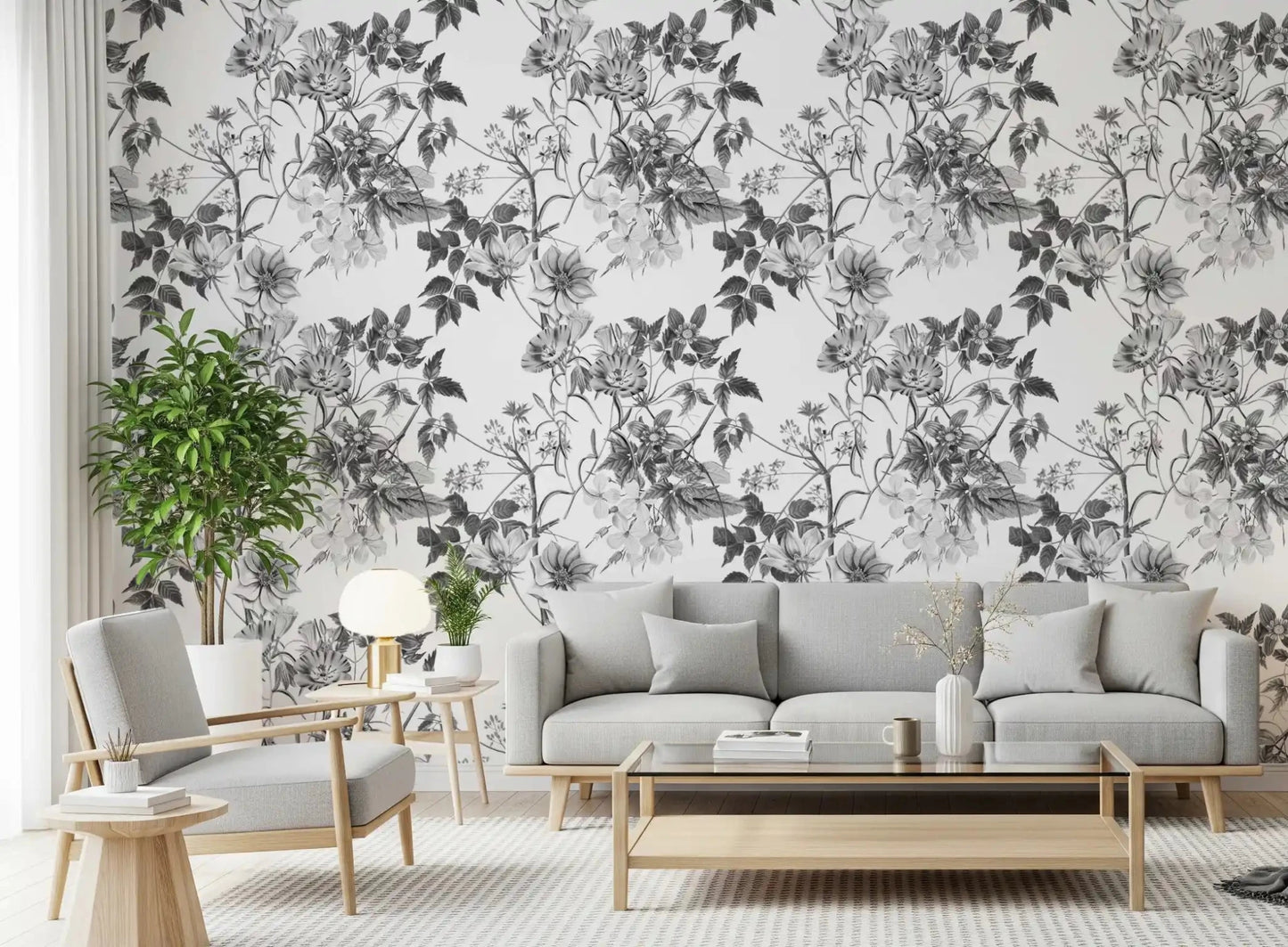 Botanical sketch wallpaper with grey floral branches on a pale background