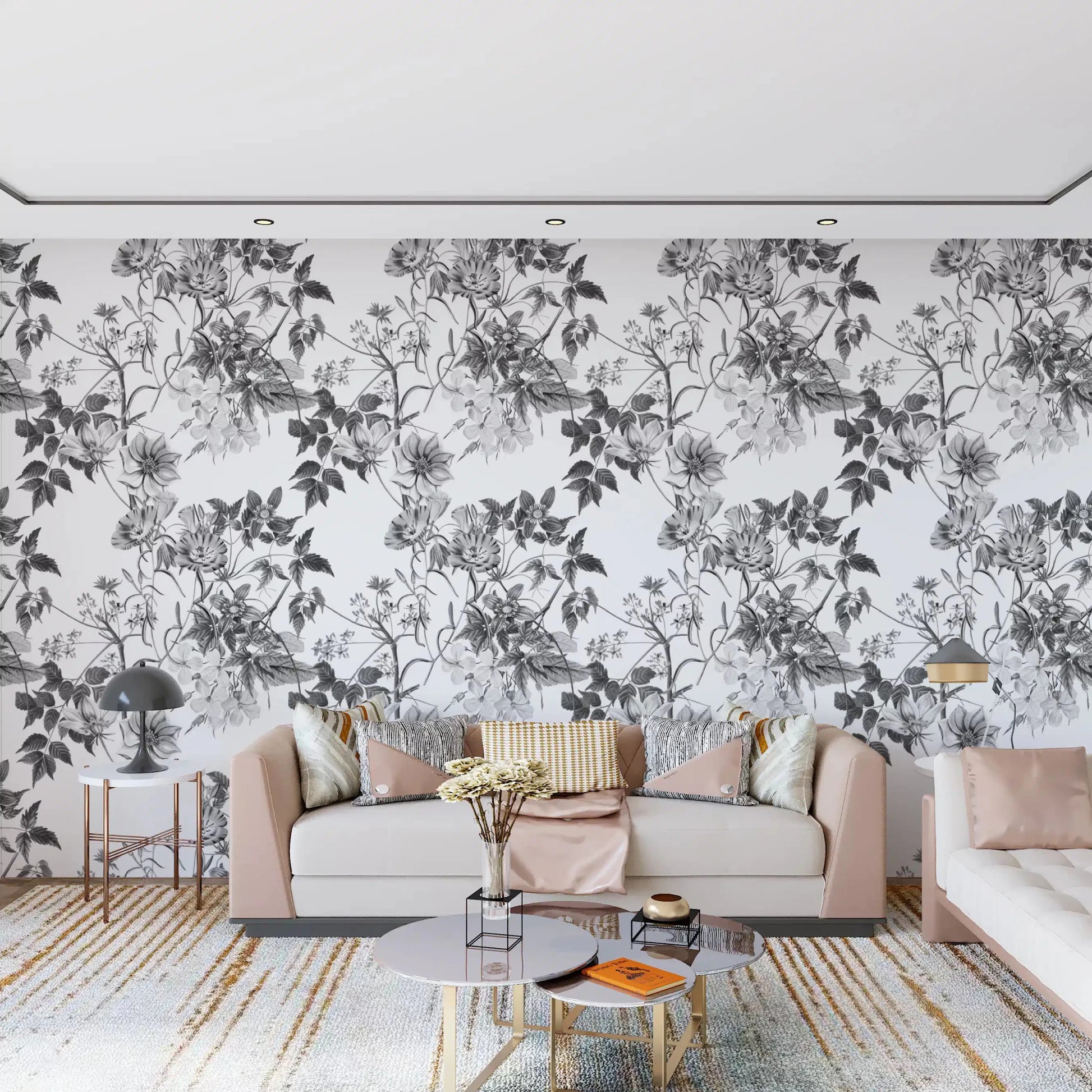 Monochrome wallpaper with hand-drawn flowers and soft shaded foliage