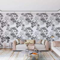 Monochrome wallpaper with hand-drawn flowers and soft shaded foliage