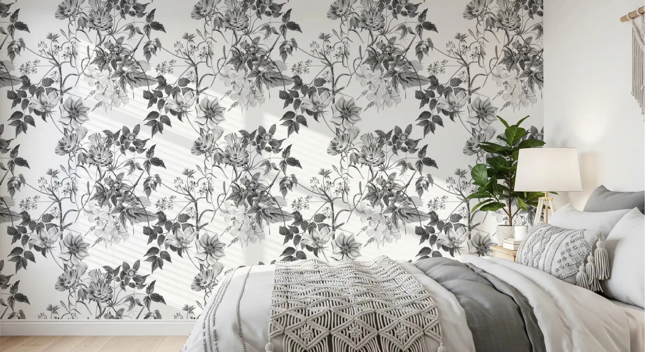 Bedroom styled in Monochromatic Botanical Prints wallpaper with soft leaf detail