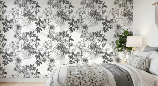 Bedroom styled in Monochromatic Botanical Prints wallpaper with soft leaf detail, GD9364