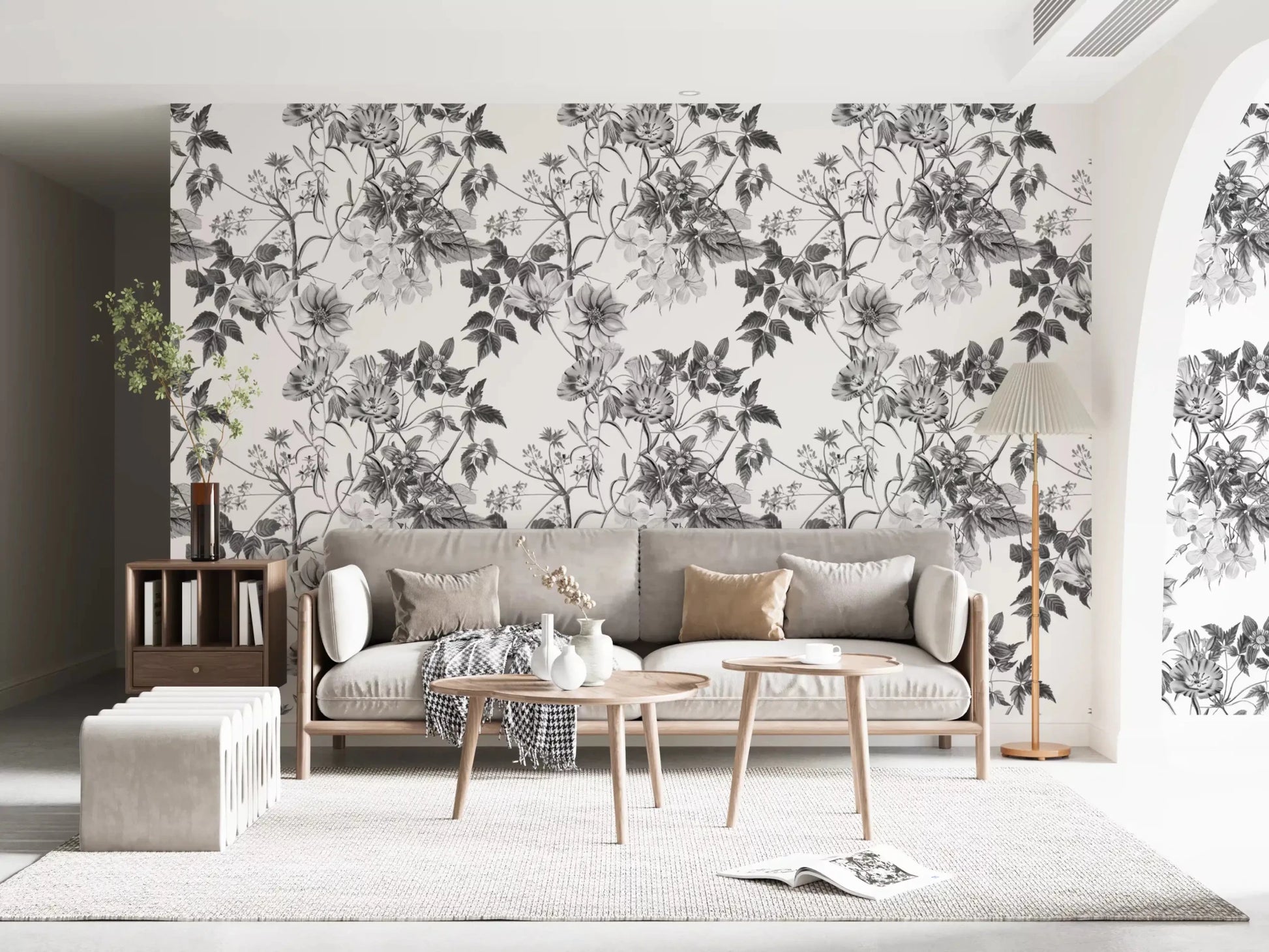 Floral print wallpaper in black and white with vintage botanical character