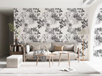 Floral print wallpaper in black and white with vintage botanical character