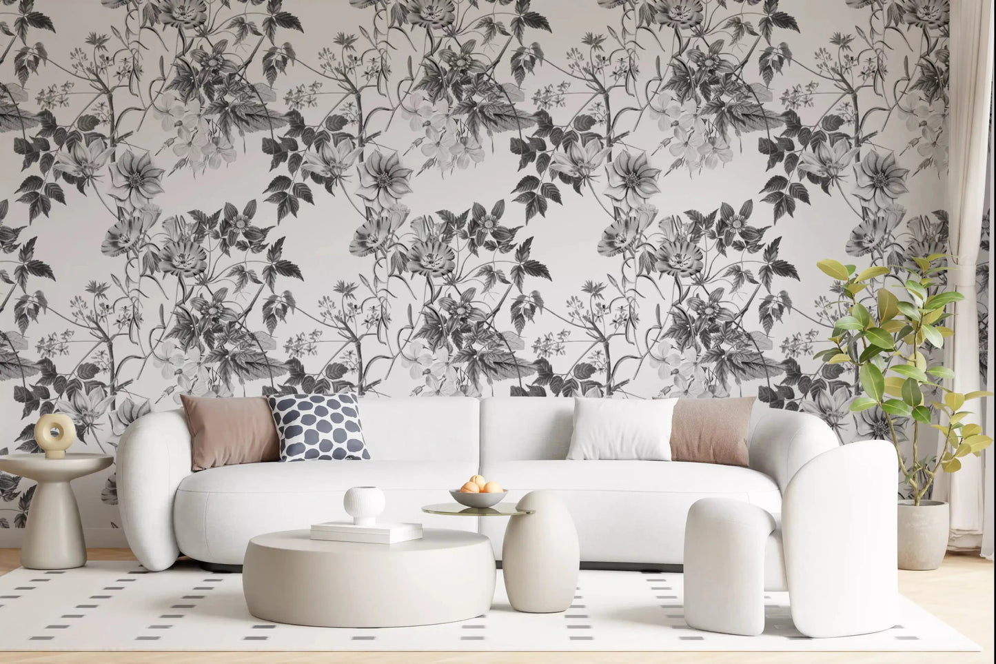 Classic floral wallpaper with monochromatic detailing and soft contrast