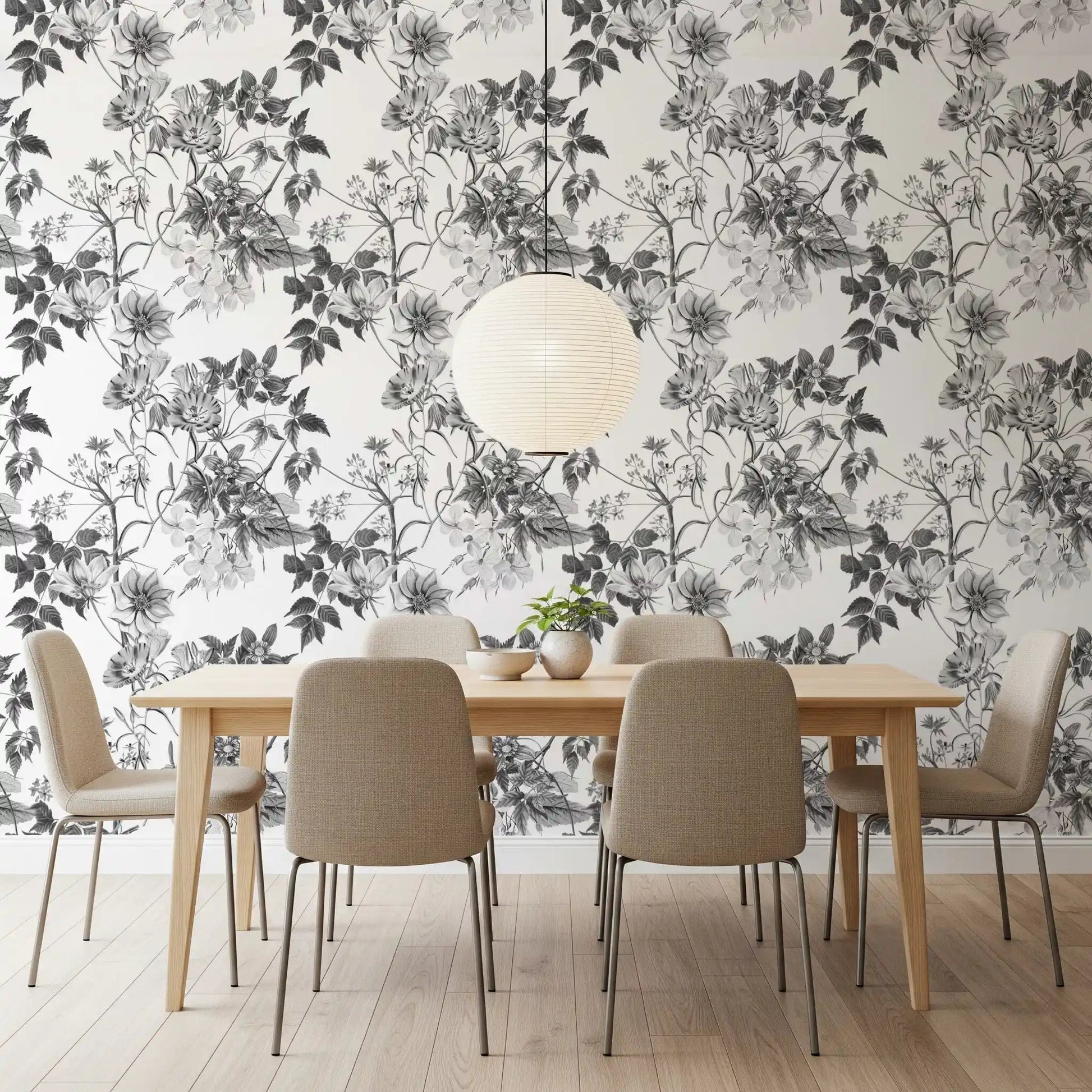 Dining room with Monochromatic Botanical Prints wallpaper in grey floral sketch