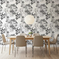 Dining room with Monochromatic Botanical Prints wallpaper in grey floral sketch