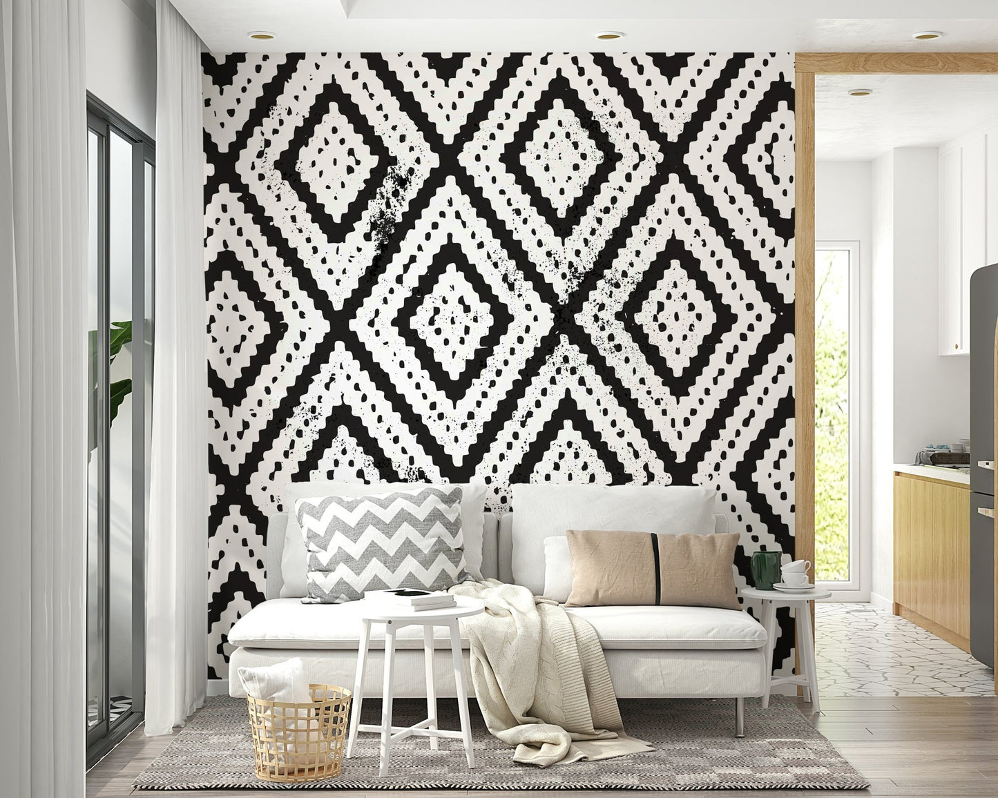 Mosaic-style wall art in shades of gray and white

