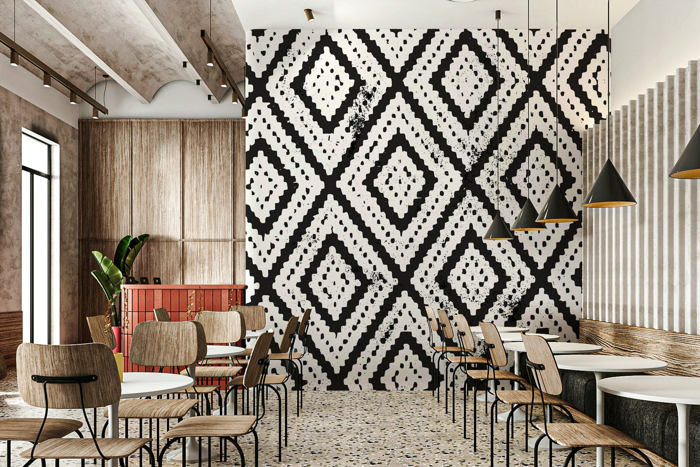 Abstract wall mural with monochrome mosaic details


