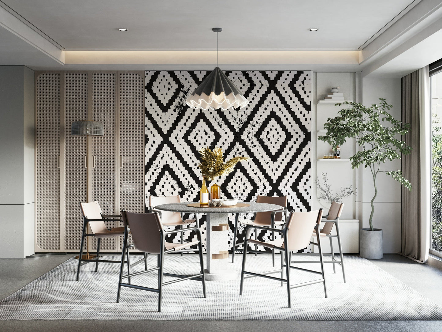 Geometric wall mural with black and white mosaic design

