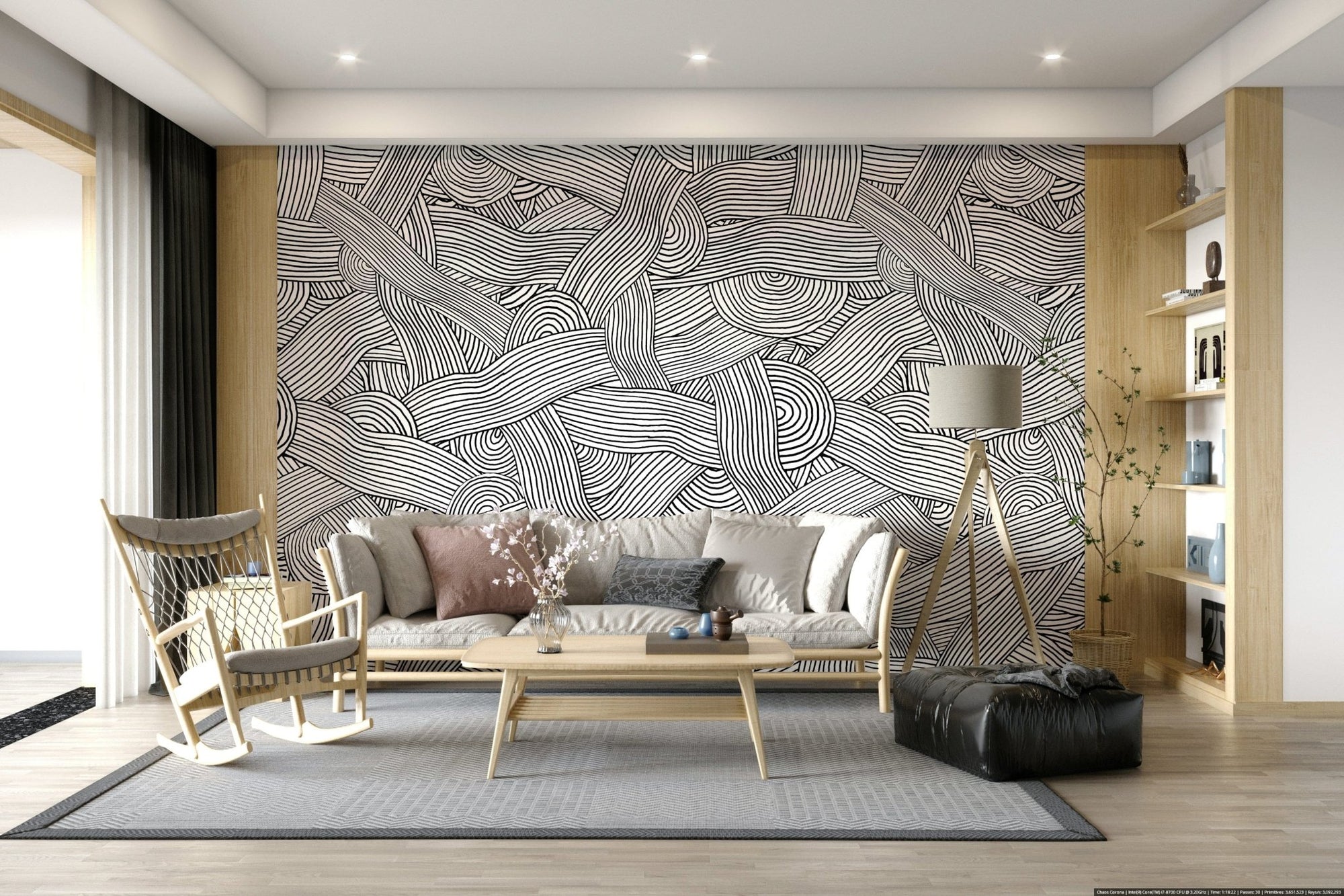 Monochromatic Striped Maze Wall Mural features abstract lines., GD6371