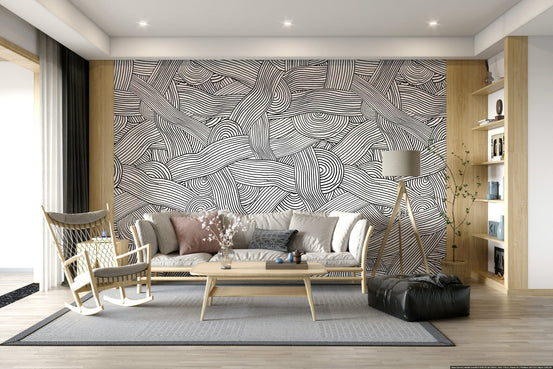 Monochromatic Striped Maze Wall Mural features abstract lines., GD6371