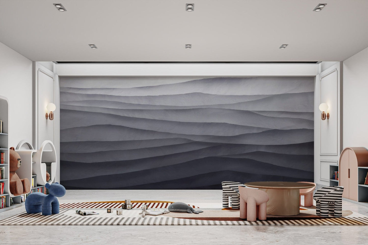 Layered grayscale abstract wall design
