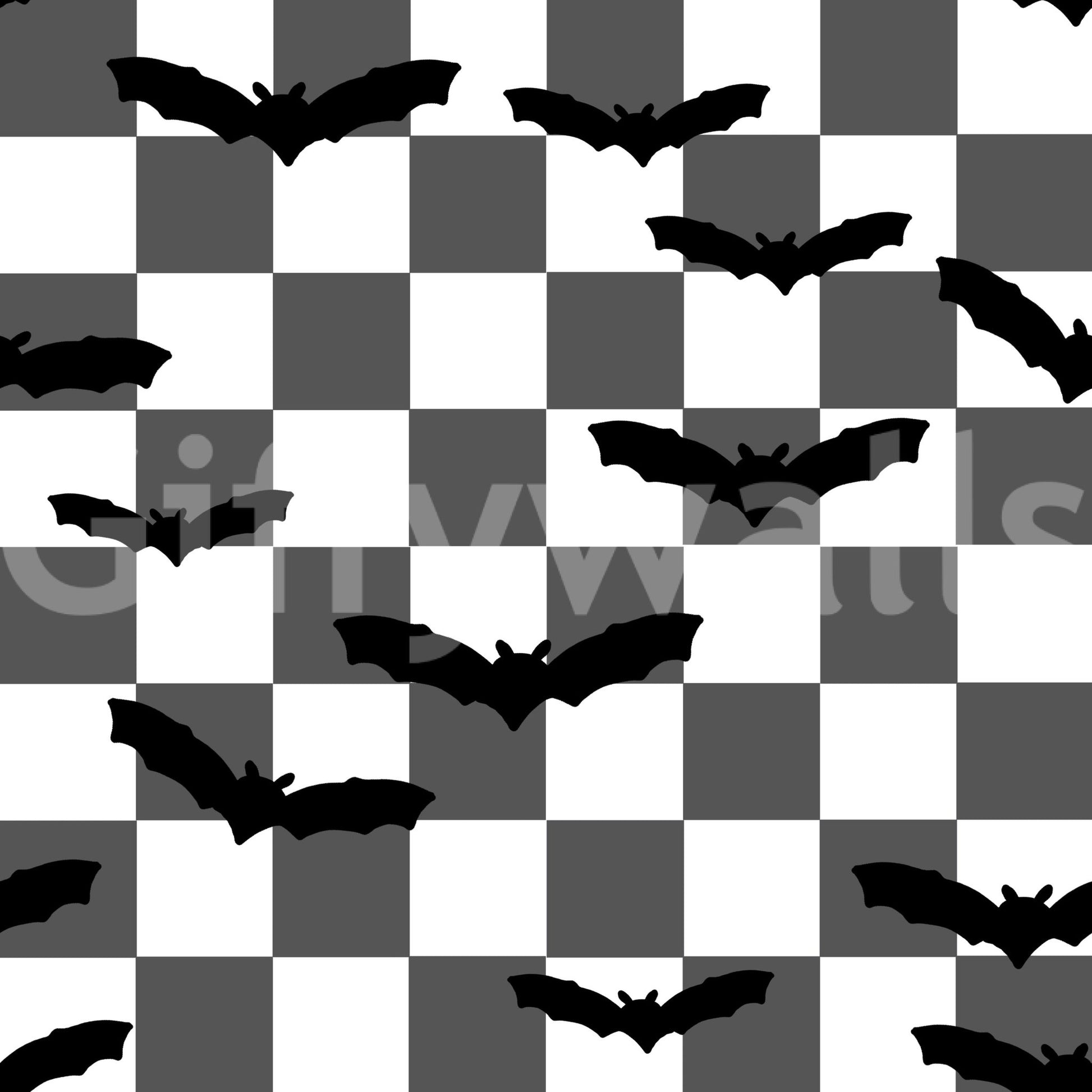 Black and white flying bats motif on a checkered wallpaper GD9459