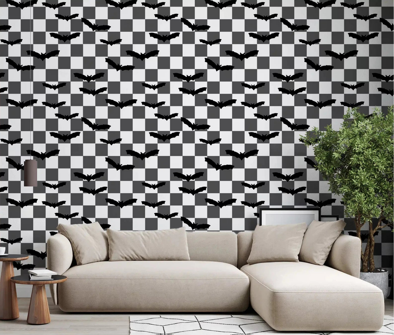 Monochrome Bats Checkerboard  wallpaper in a modern living room GD9459