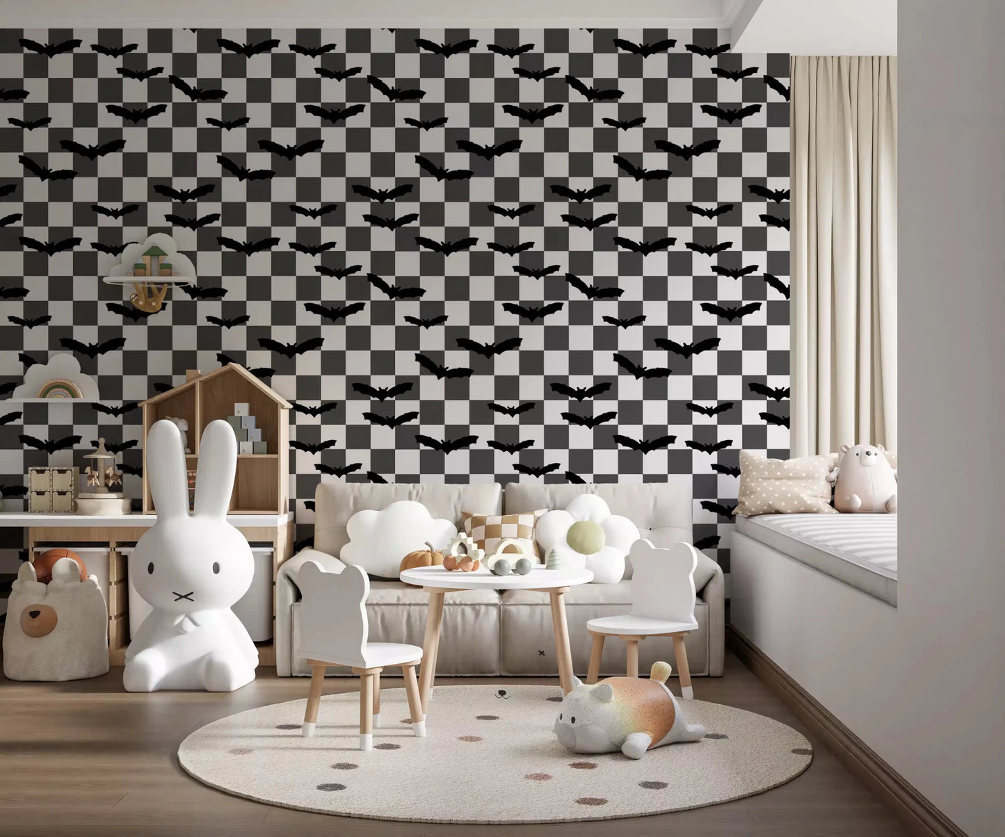 Playful bats checkerboard wallpaper for a themed kids room GD9459