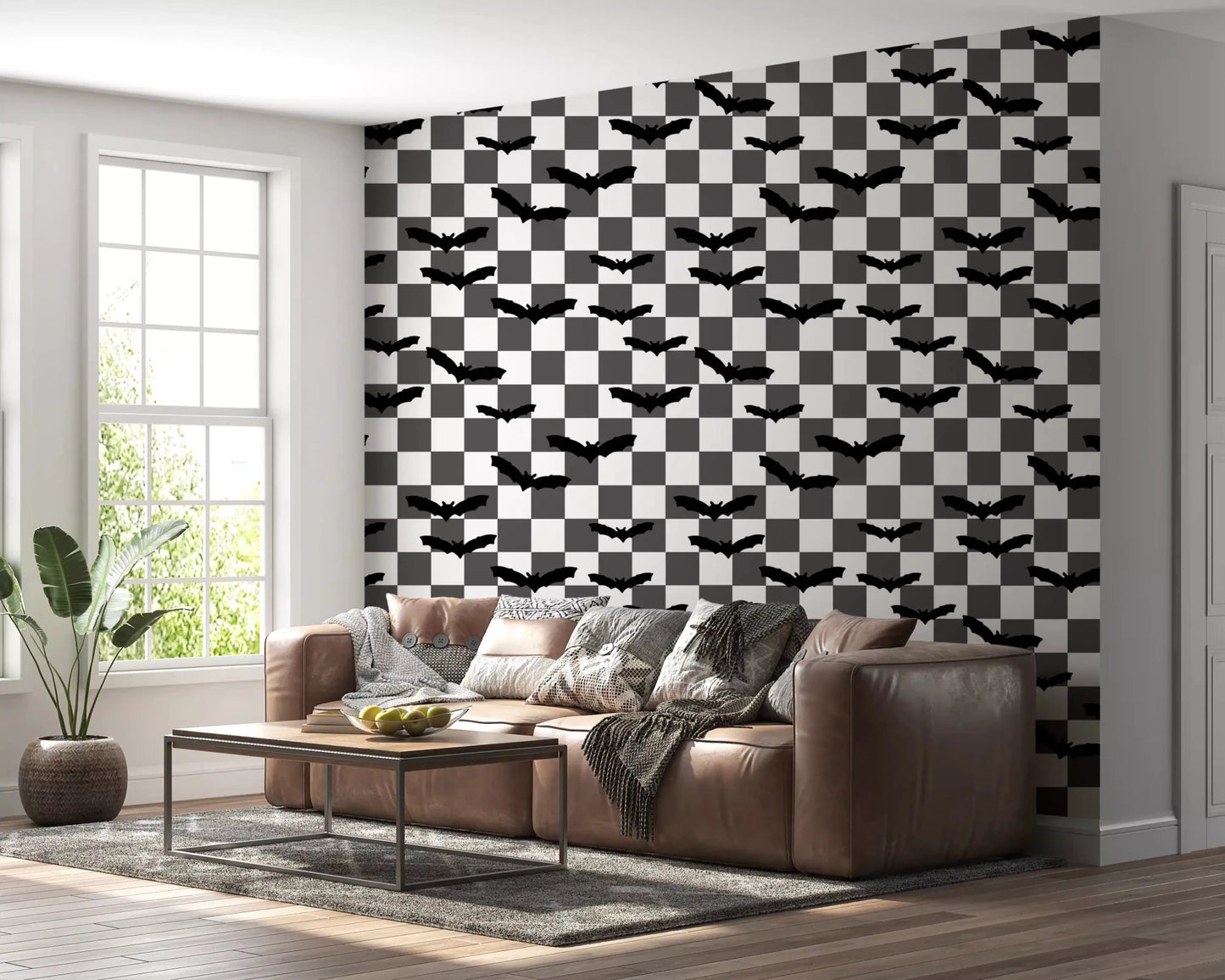 Black bat silhouettes on an white checkerboard wallpaperGD9459
