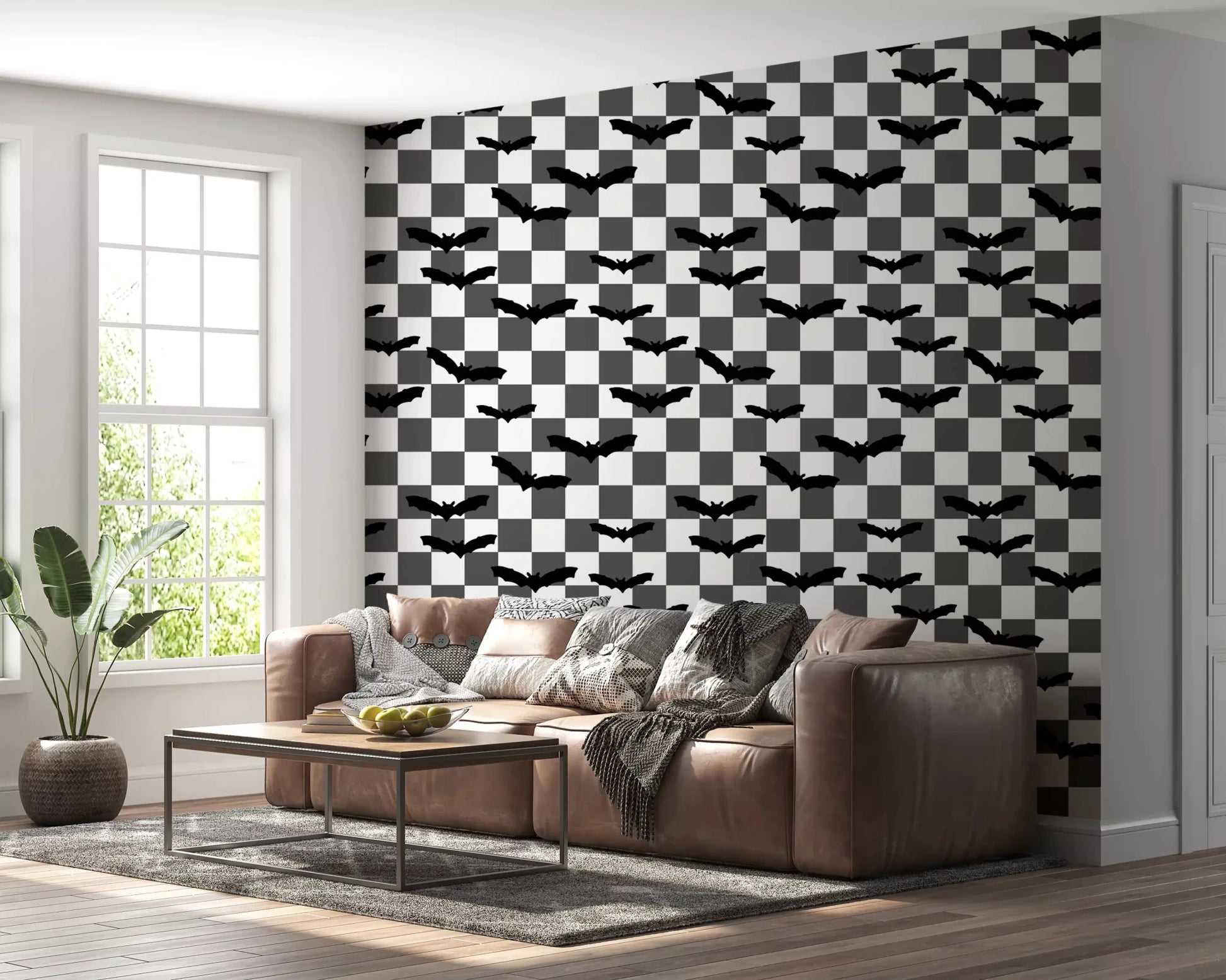 Black bat silhouettes on an white checkerboard wallpaperGD9459