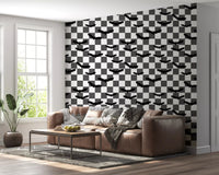 Black bat silhouettes on an white checkerboard wallpaperGD9459