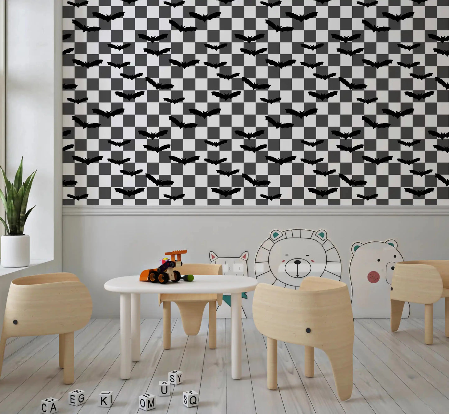Cheerful checkerboard bats wallpaper within a cozy nursery⁠GD9459