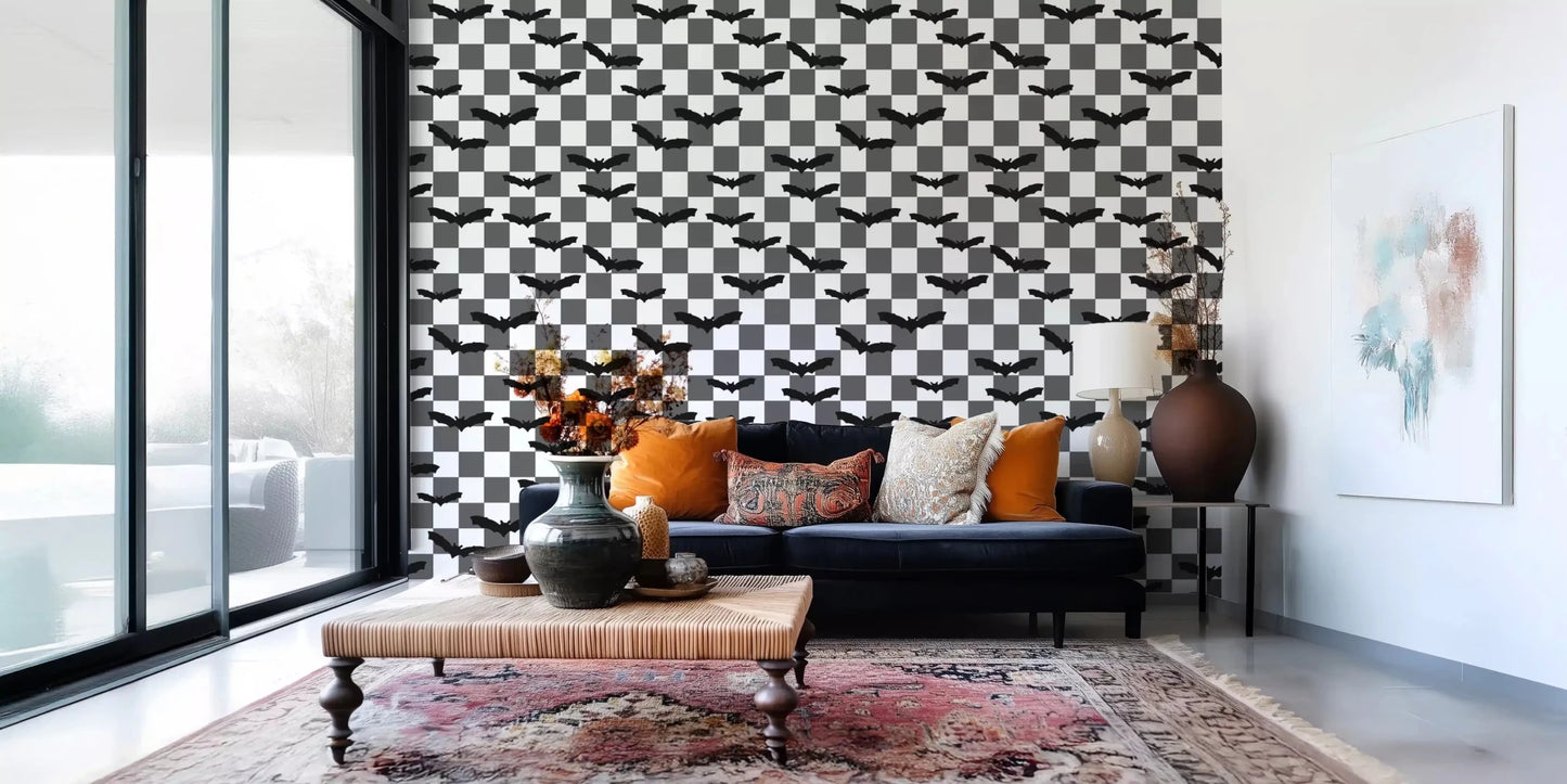 Stylish monochrome bats pattern wallpaper within a bright lounge GD9459