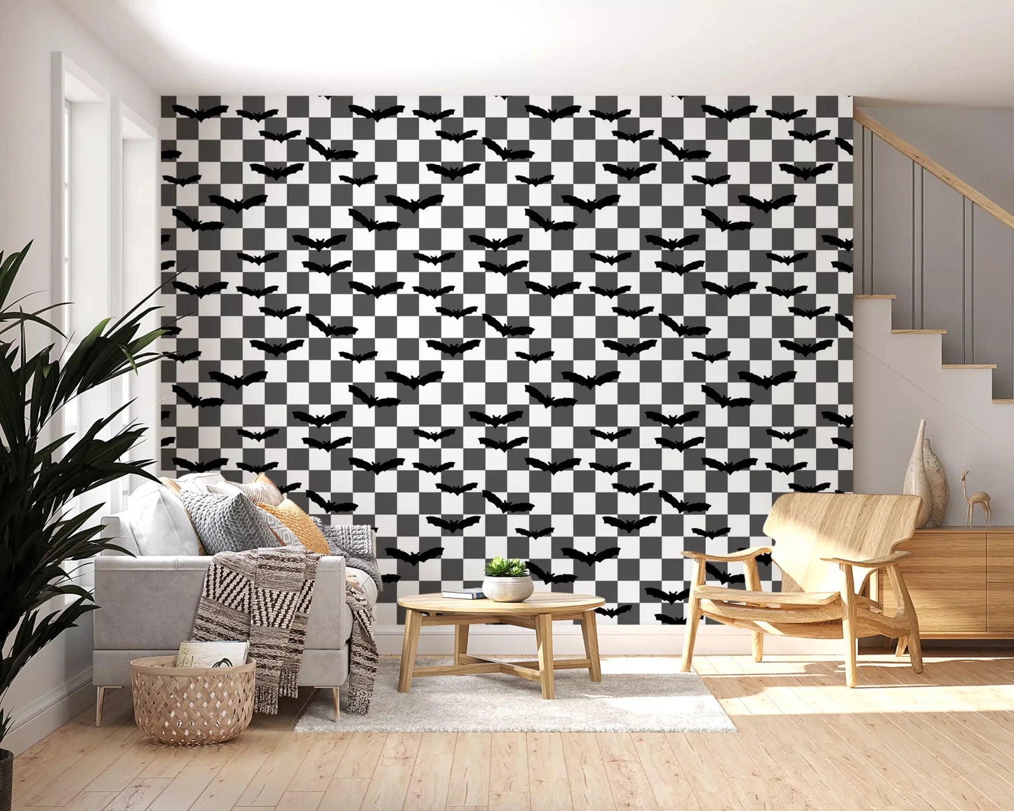 Detailed view of gothic bats and checkerboard wallpaper⁠GD9459