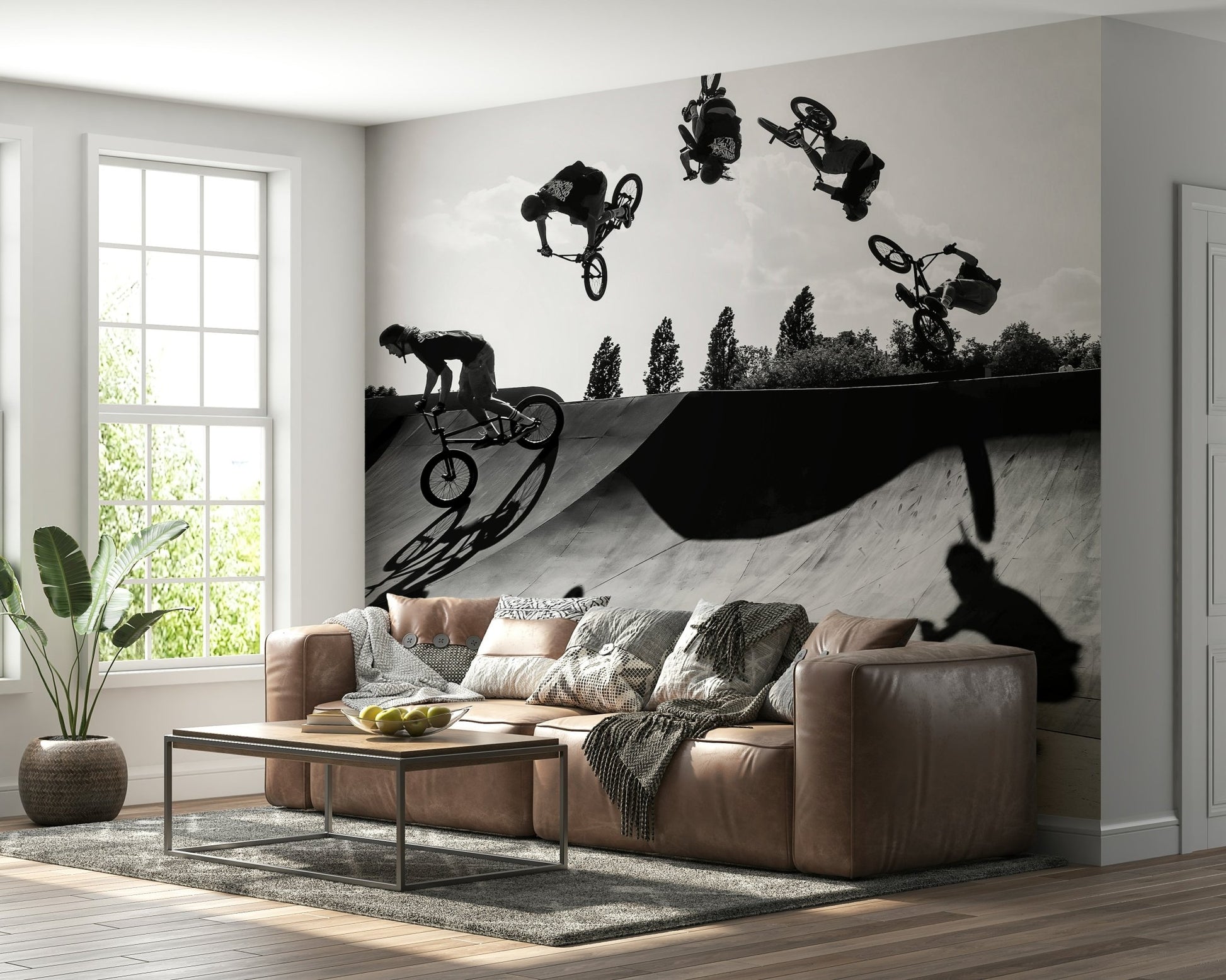 A beautiful monochrome BMX rider wallpaper mural with high-contrast shadow effects.