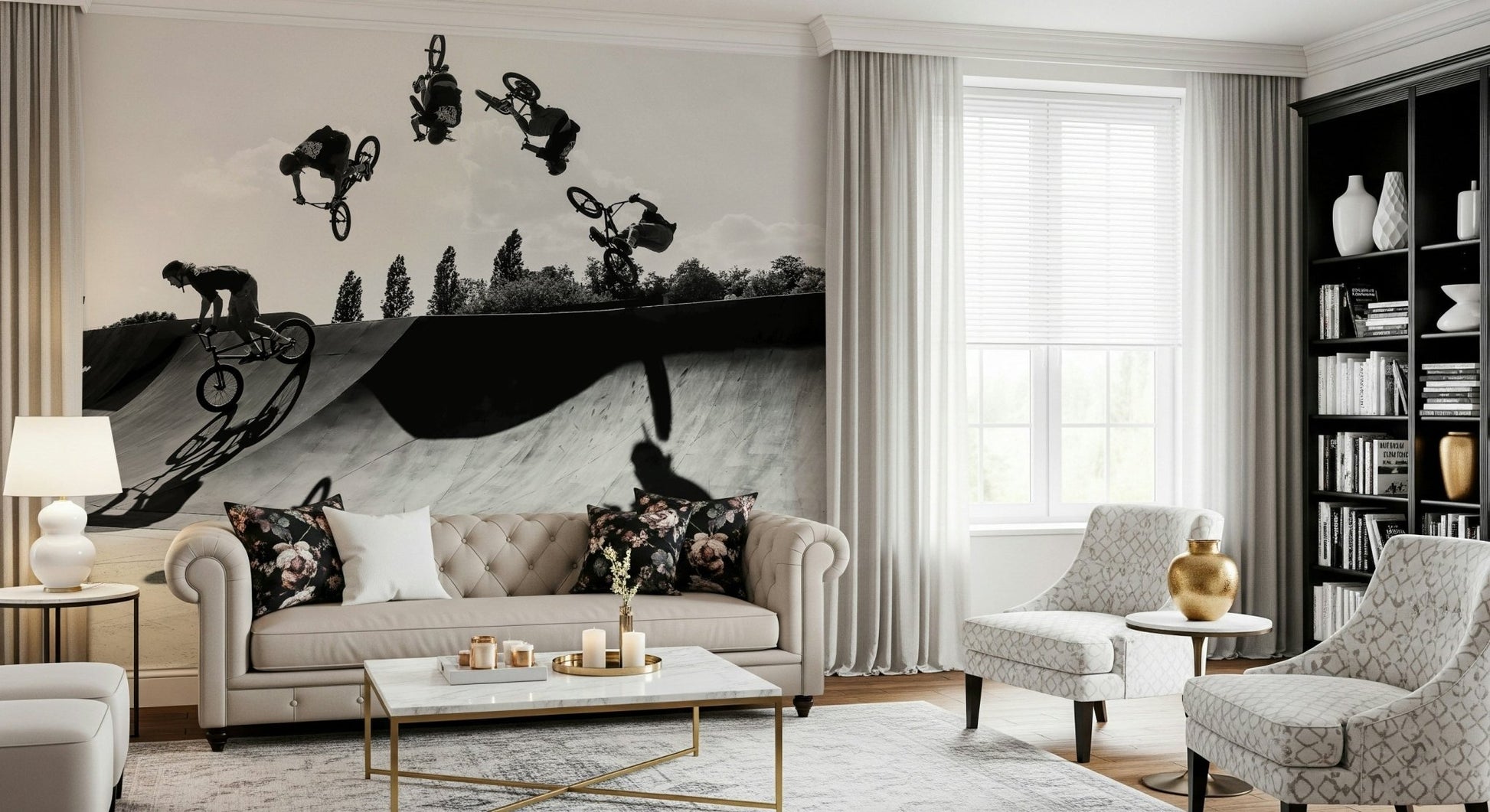 An artistic fluid motion mural on minimalist wallpaper.