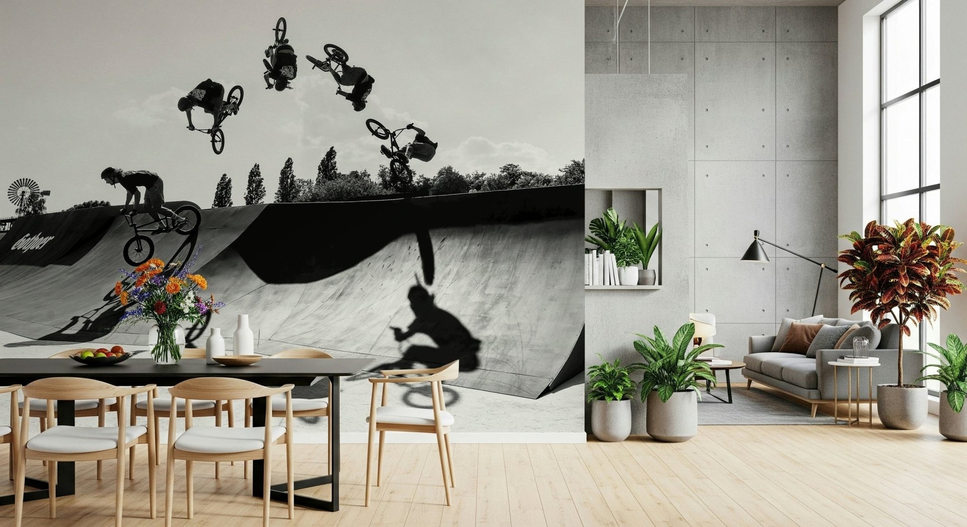 A contemplative urban sport wallpaper mural for a feature wall.