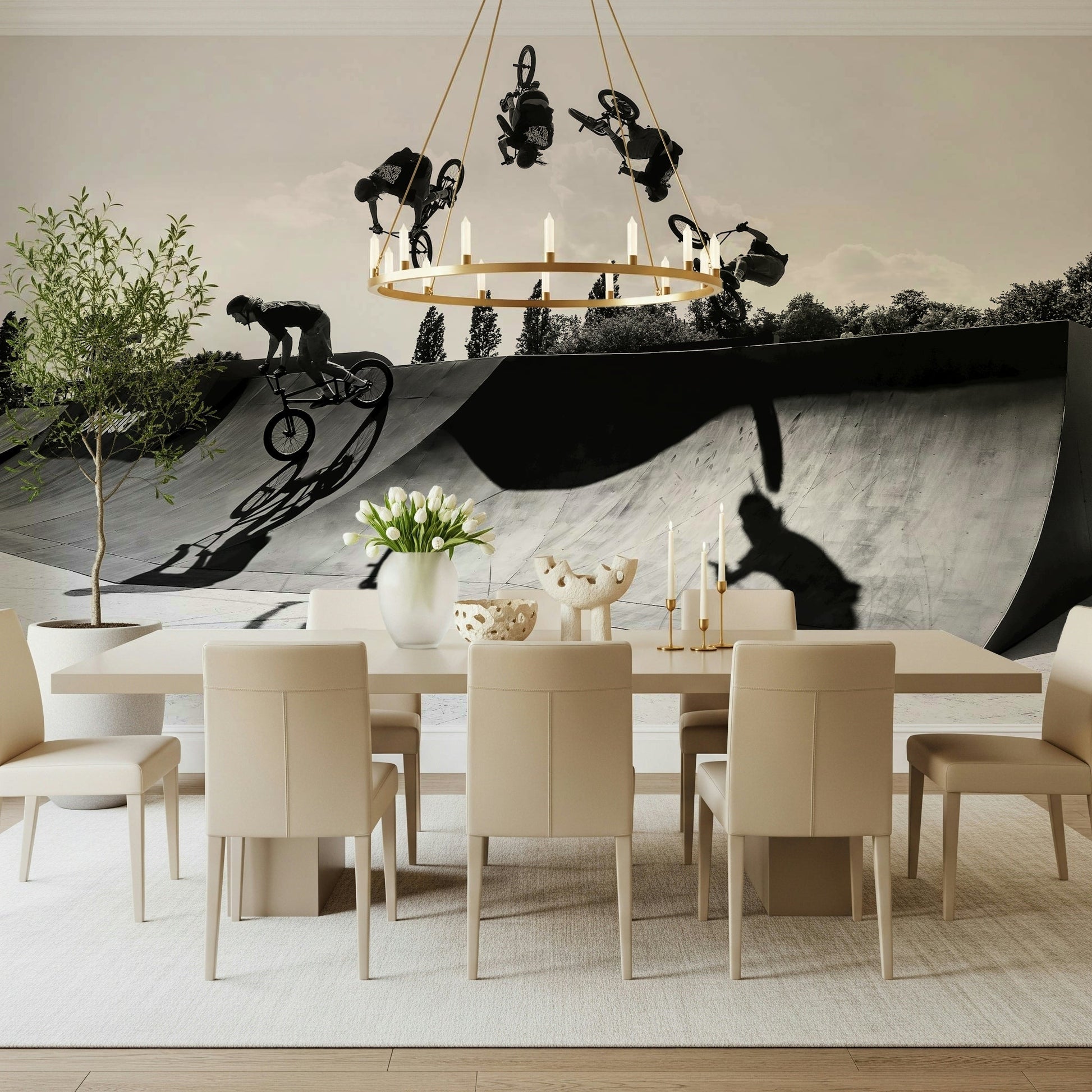 A serene abstract action sport wall mural for modern decor.