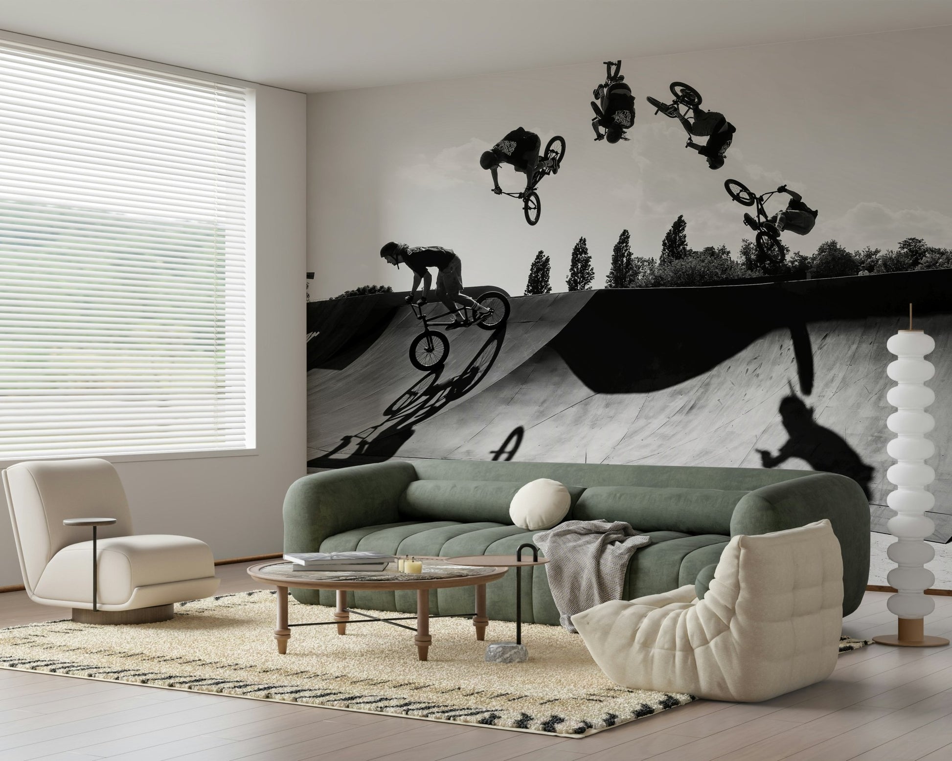A peaceful modern abstract mural on decorative wallpaper.