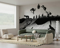 A peaceful modern abstract mural on decorative wallpaper.