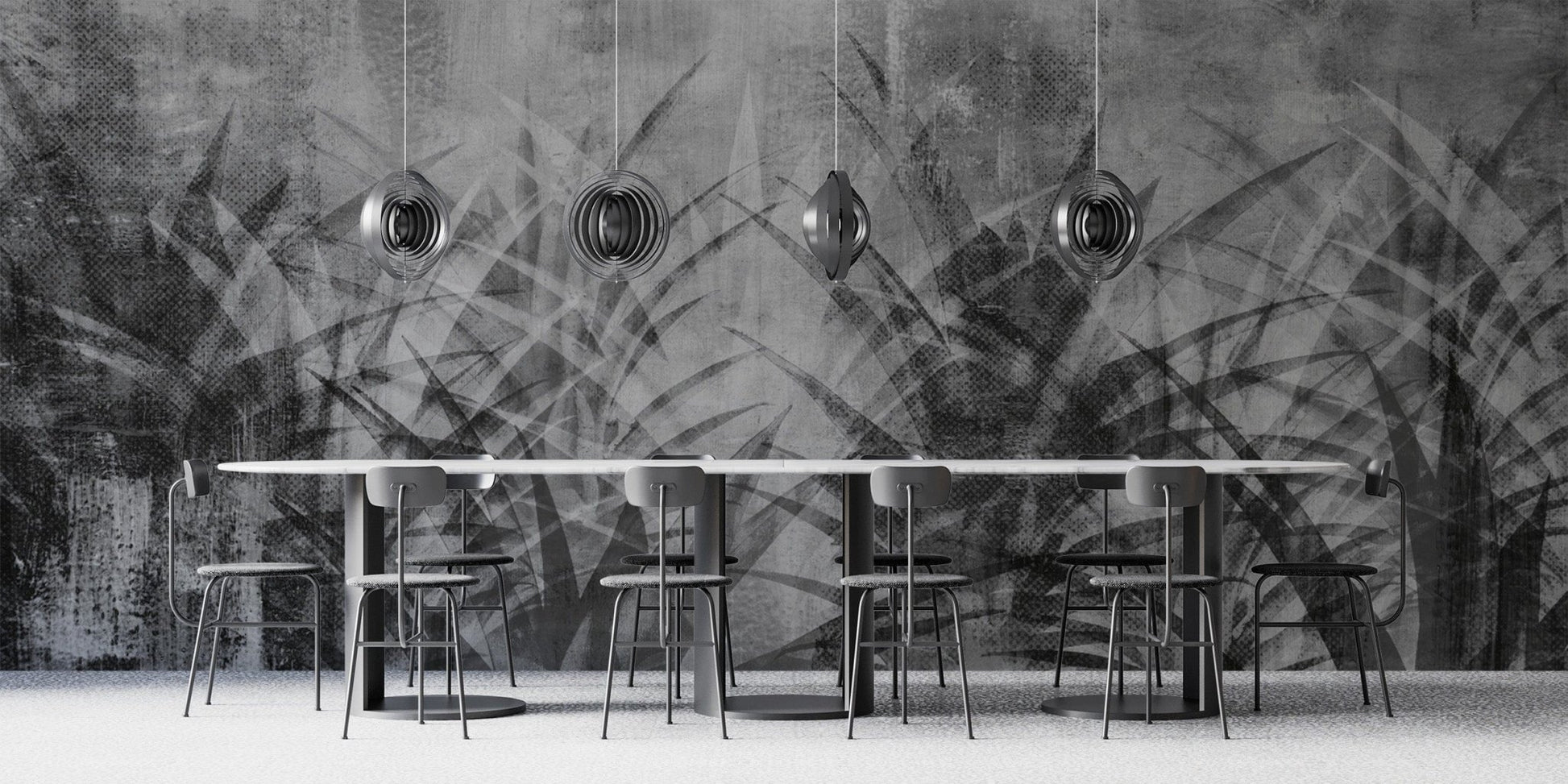 Tropical foliage wallpaper in grayscale
