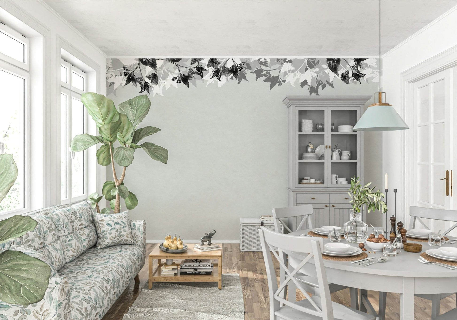 A calming serene forest wallpaper mural that defines a space.