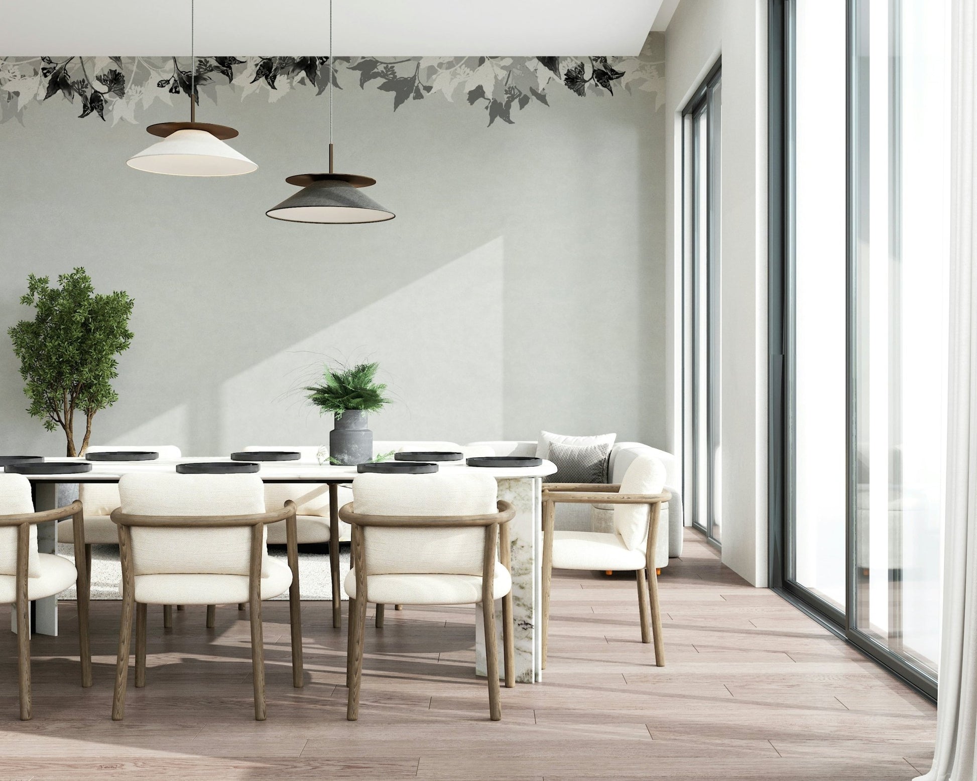 A graceful subtle leaf wall mural in cool, neutral tones.