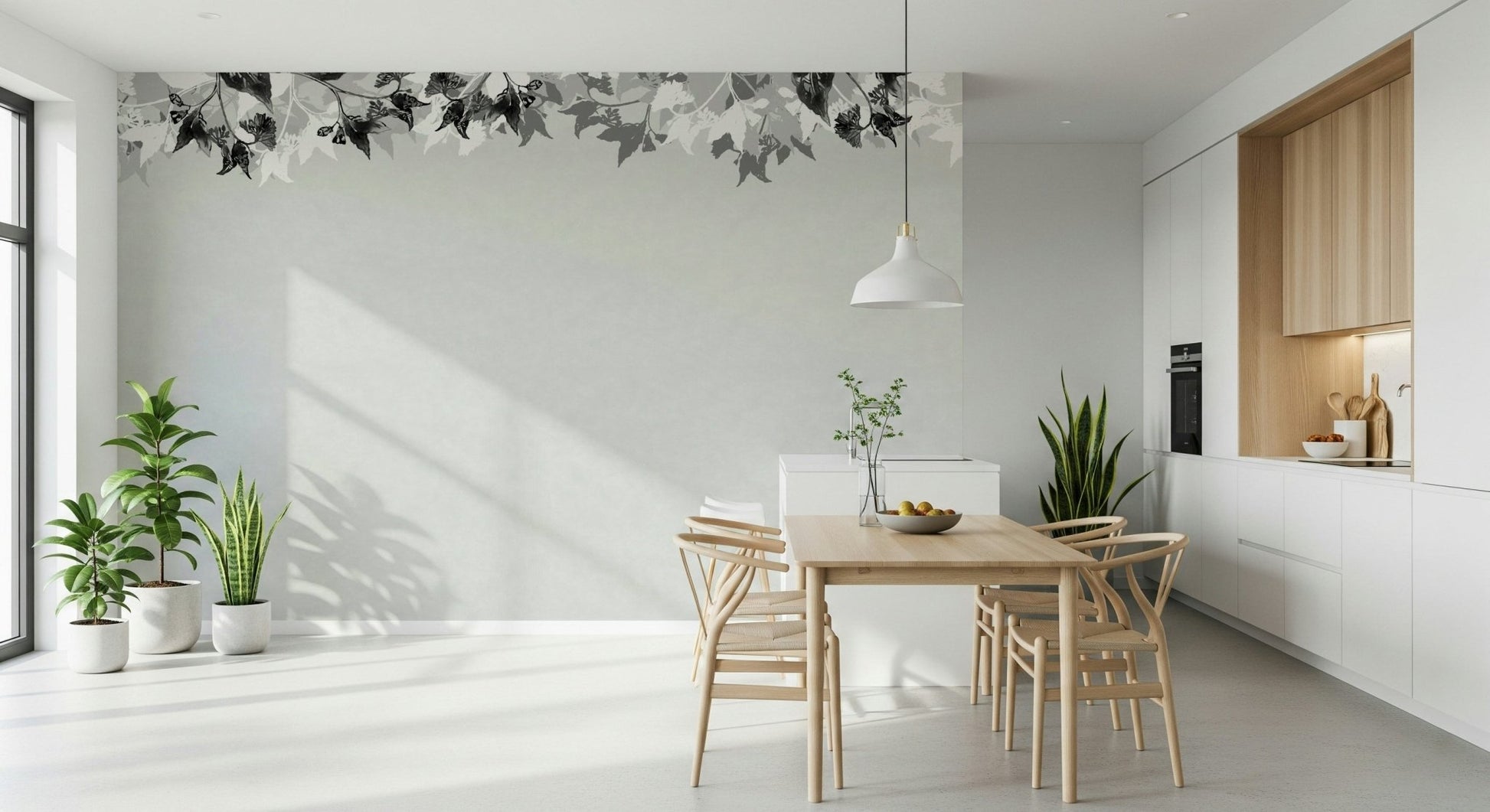 A peaceful woodland vista mural on decorative wallpaper.