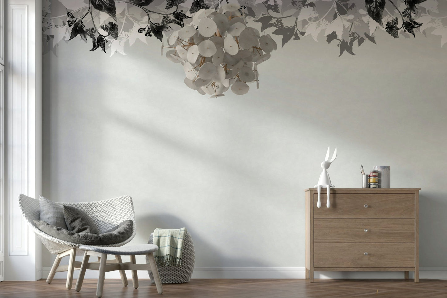 A contemplative misty forest wallpaper mural for a feature wall.